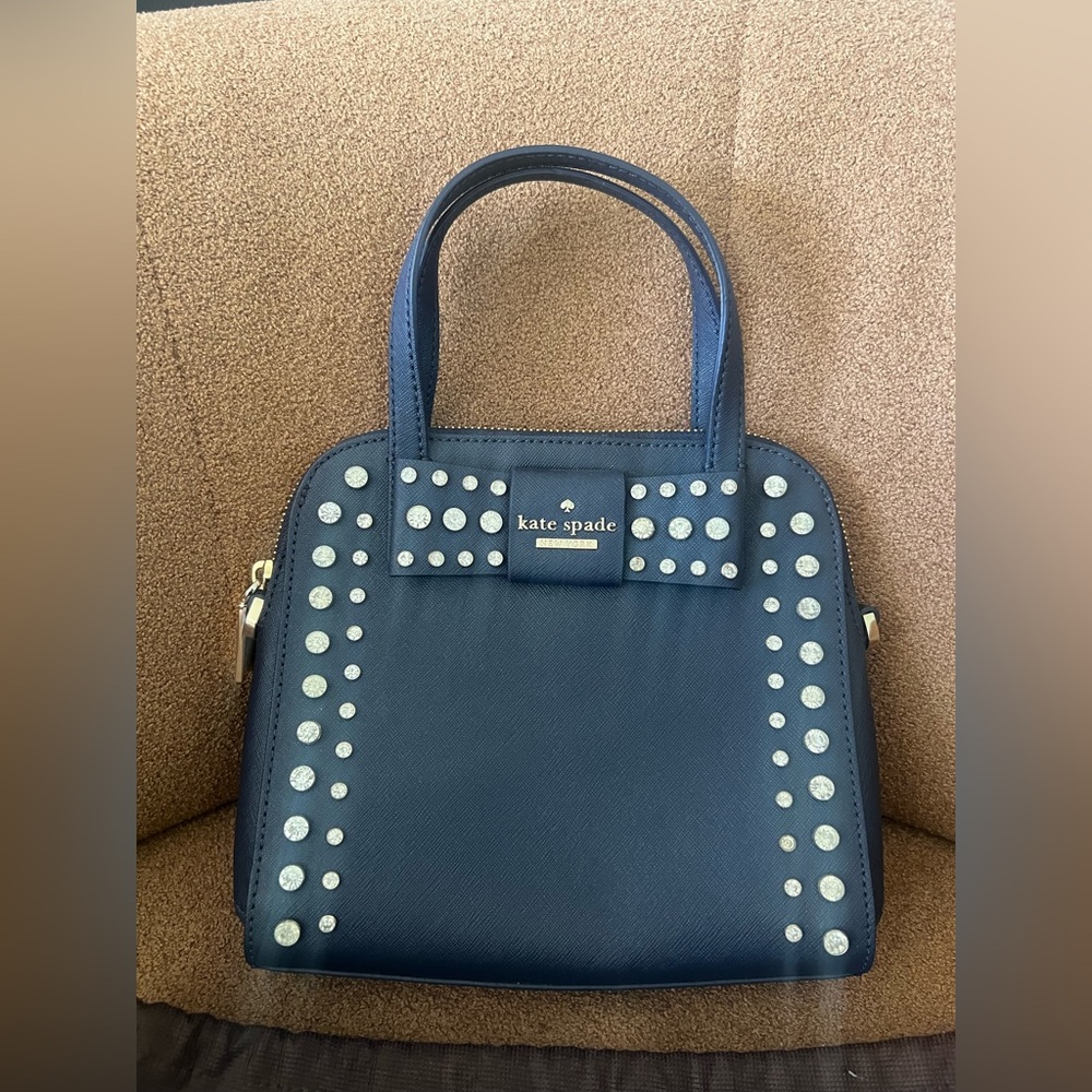 kate spade navy studded satchel with crystal accents